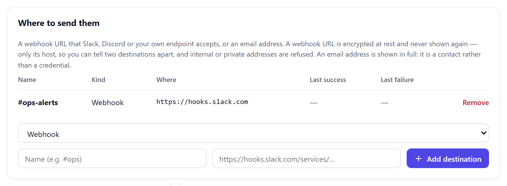 The same card after saving: a row for #ops-alerts, kind Webhook, where https://hooks.slack.com, no successes or failures yet, and a Remove button; the form below is empty again