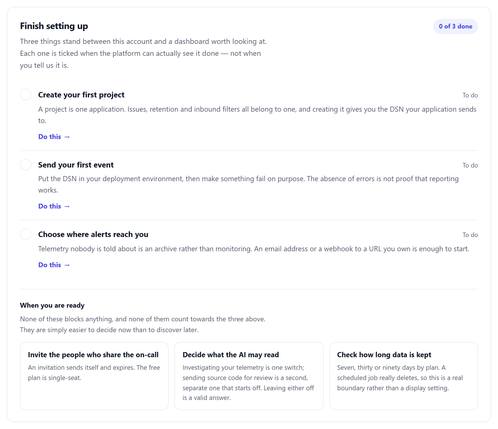 The Finish setting up checklist on a brand-new dashboard: 0 of 3 done, with Create your first project, Send your first event and Choose where alerts reach you all still to do