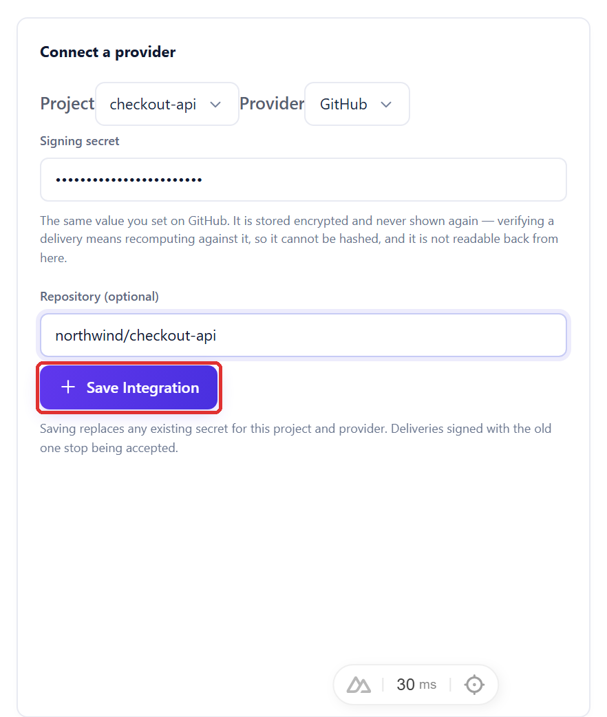 The Connect a provider card with project checkout-api, provider GitHub, a signing secret entered, repository northwind/checkout-api, and the Save Integration button outlined