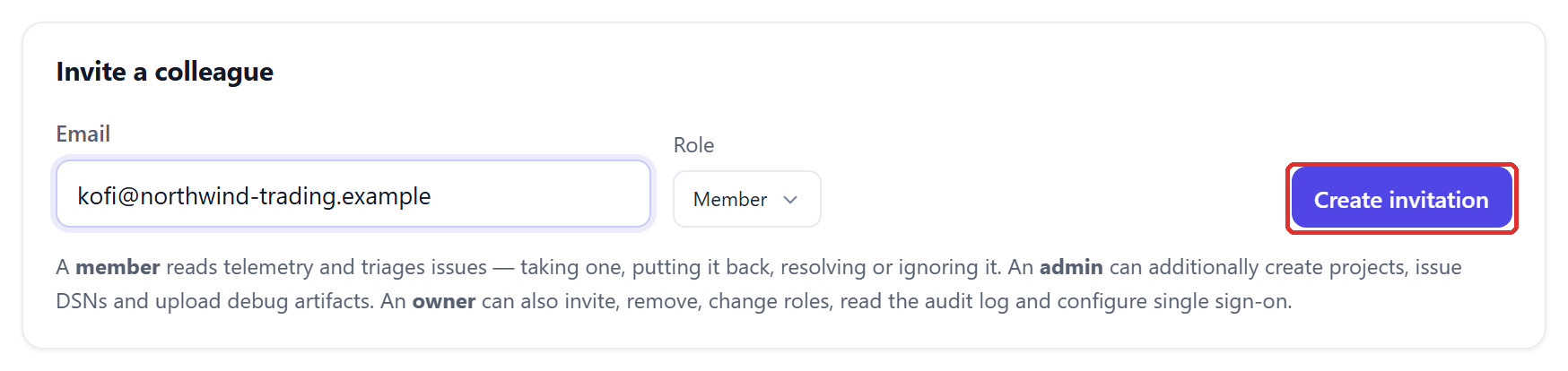 The Invite a colleague card with kofi@northwind-trading.example typed in, the role selector on Member, and the Create invitation button outlined