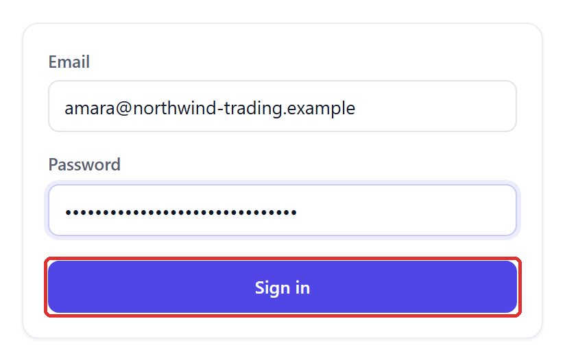 The sign-in form with the email address and password filled in and the Sign in button outlined